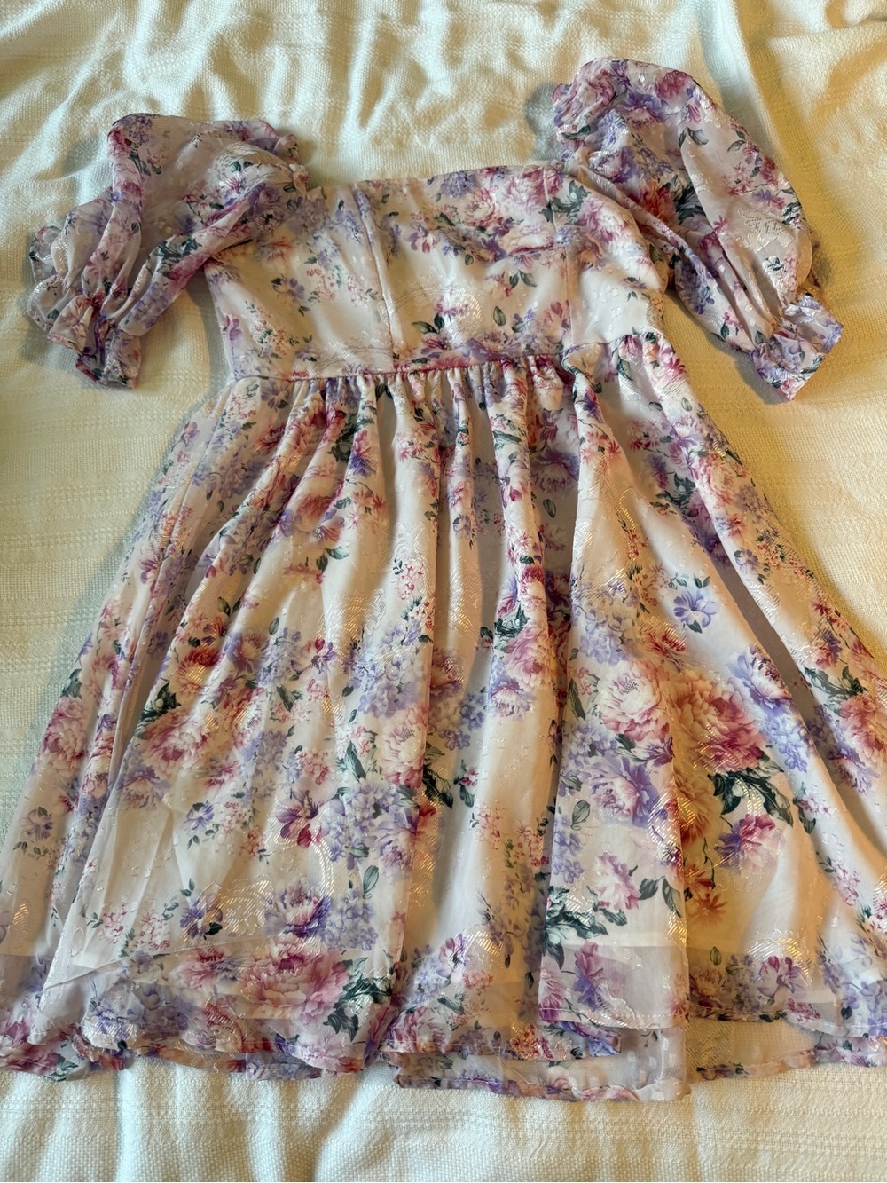 Girls' Cream Floral Puff-Sleeve Dress